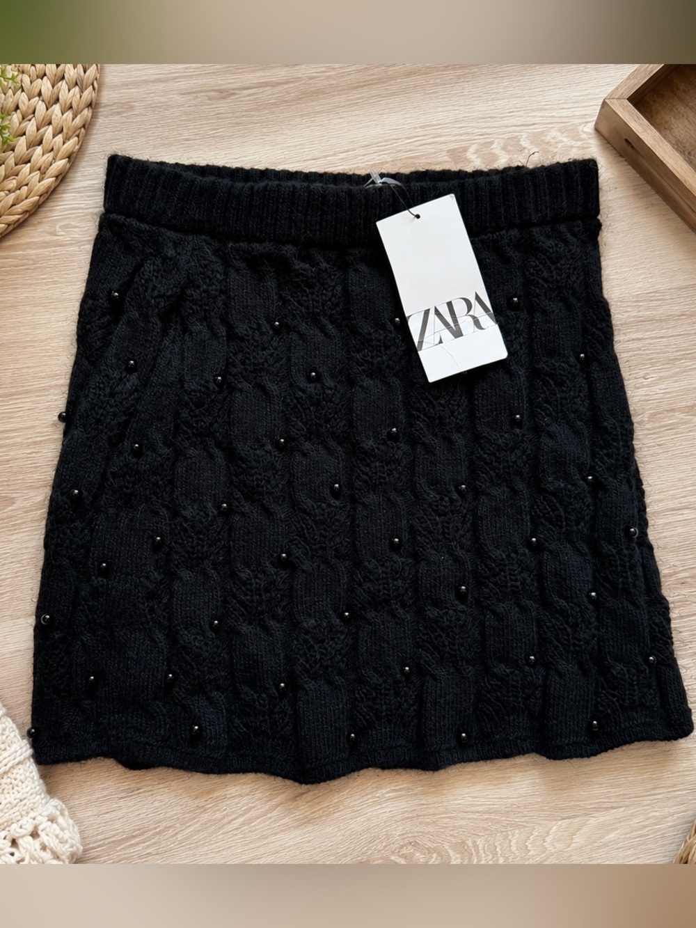 Zara Black Cable Knit Beaded Mini Skirt NWT